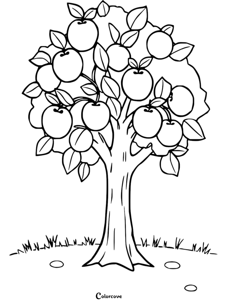 A detailed apple tree coloring page featuring numerous round fruits hanging from branches with leaves.