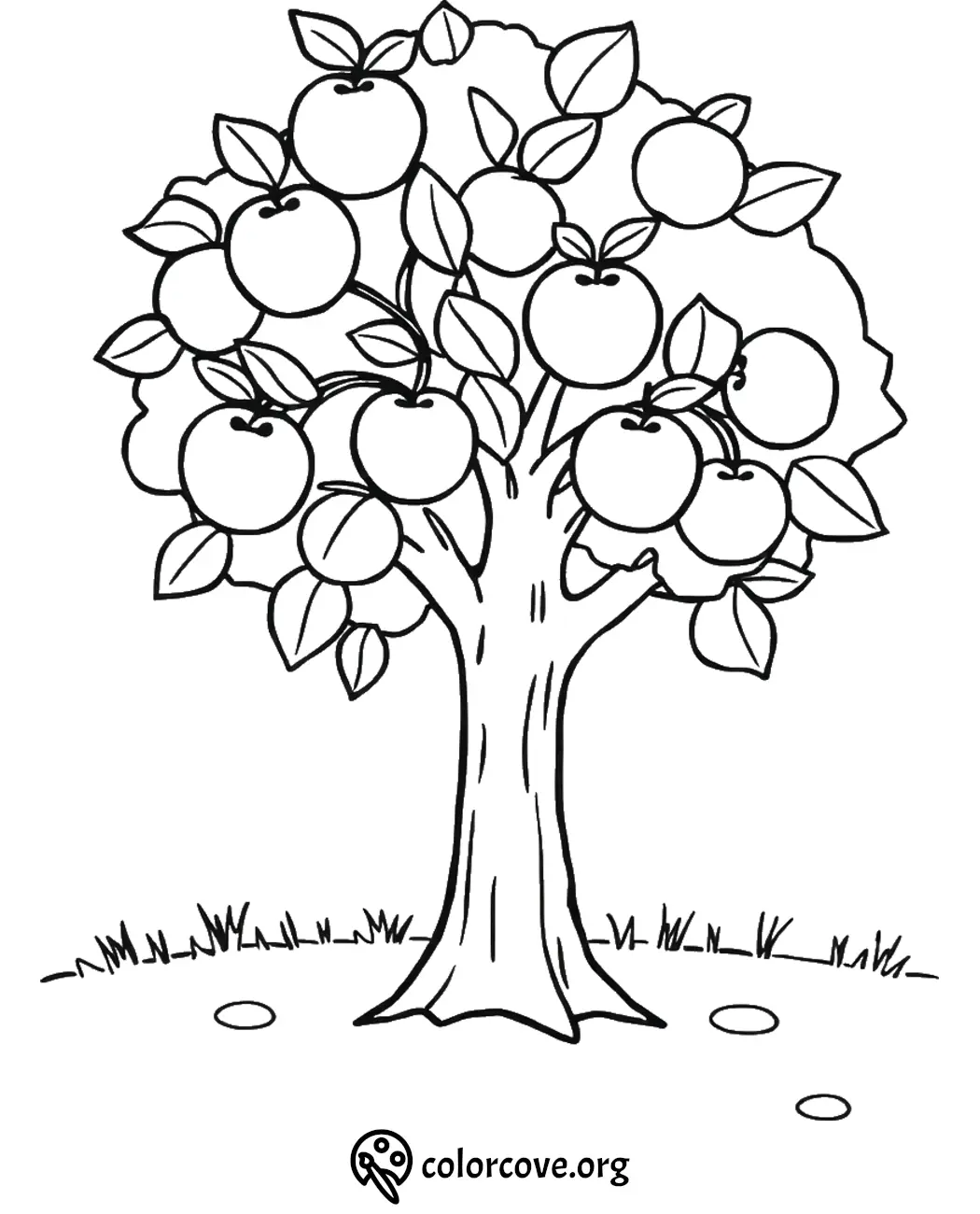 Black and white apple tree coloring page with apples and leaves, perfect for kids' art activities and nature learning.