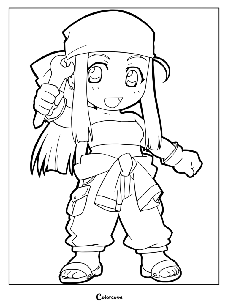 Coloriage de chibi Winry Rockbell tenant une clé à molette