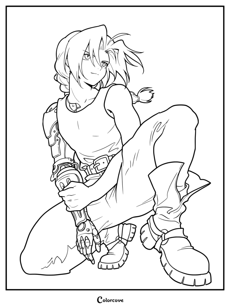 Coloriage d'Edward Elric montrant l'alchimiste accroupi avec son bras Automail.