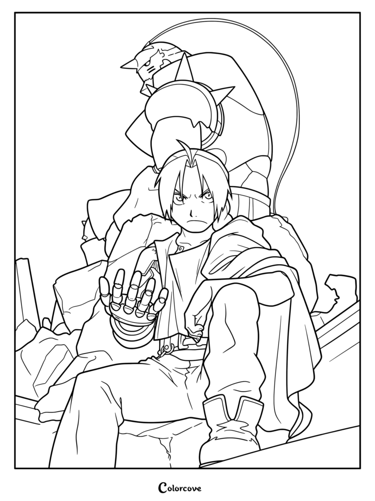Coloriage d'Edward Elric et de son frère Alphonse Elric immortalisés dans une posture dynamique d'anime.
