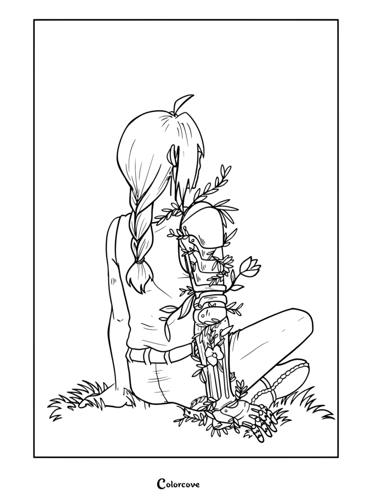 Coloriage à imprimer montrant Edward assis dans l'herbe avec des lianes s'enroulant autour de son bras Automail.