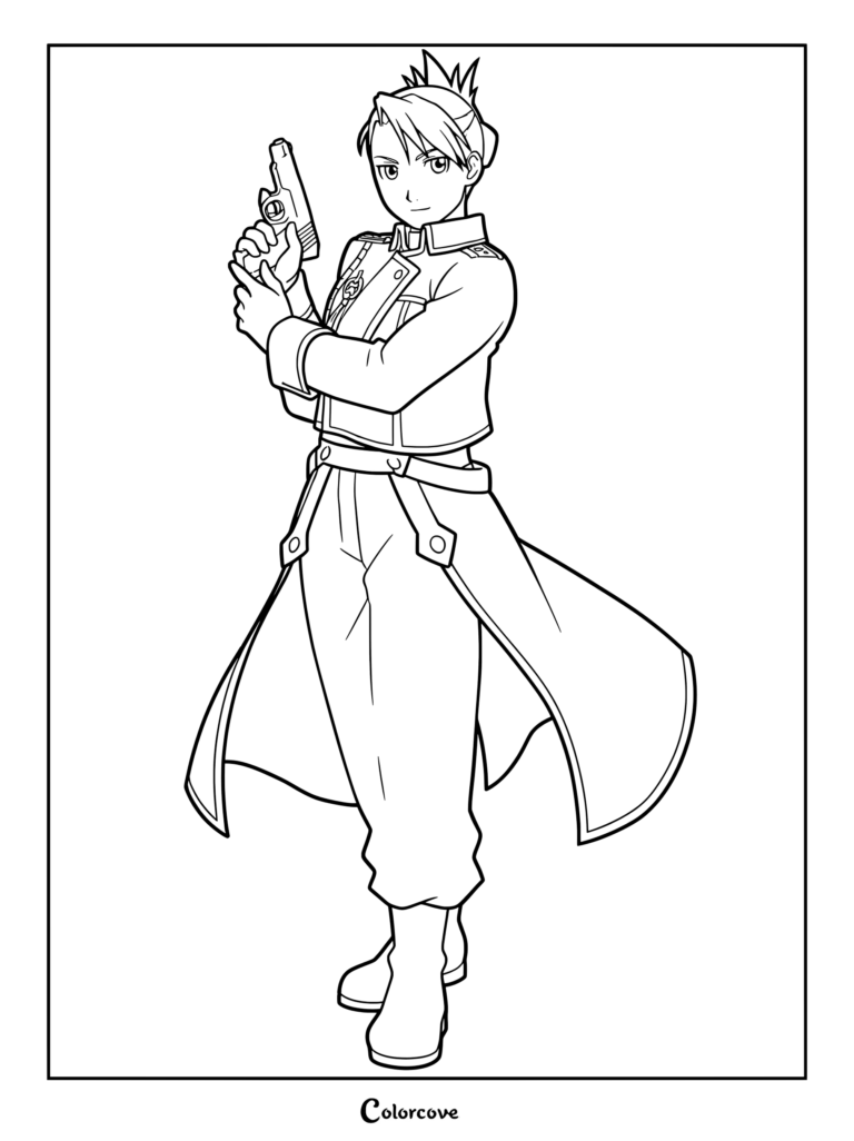 Coloriage du Lieutenant Riza Hawkeye arme au poing vêtue de son uniforme militaire.