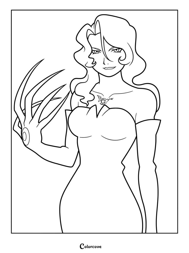 Coloriage de Lust montrant ses doigts allongés en lances ultimes et son tatouage Ouroboros