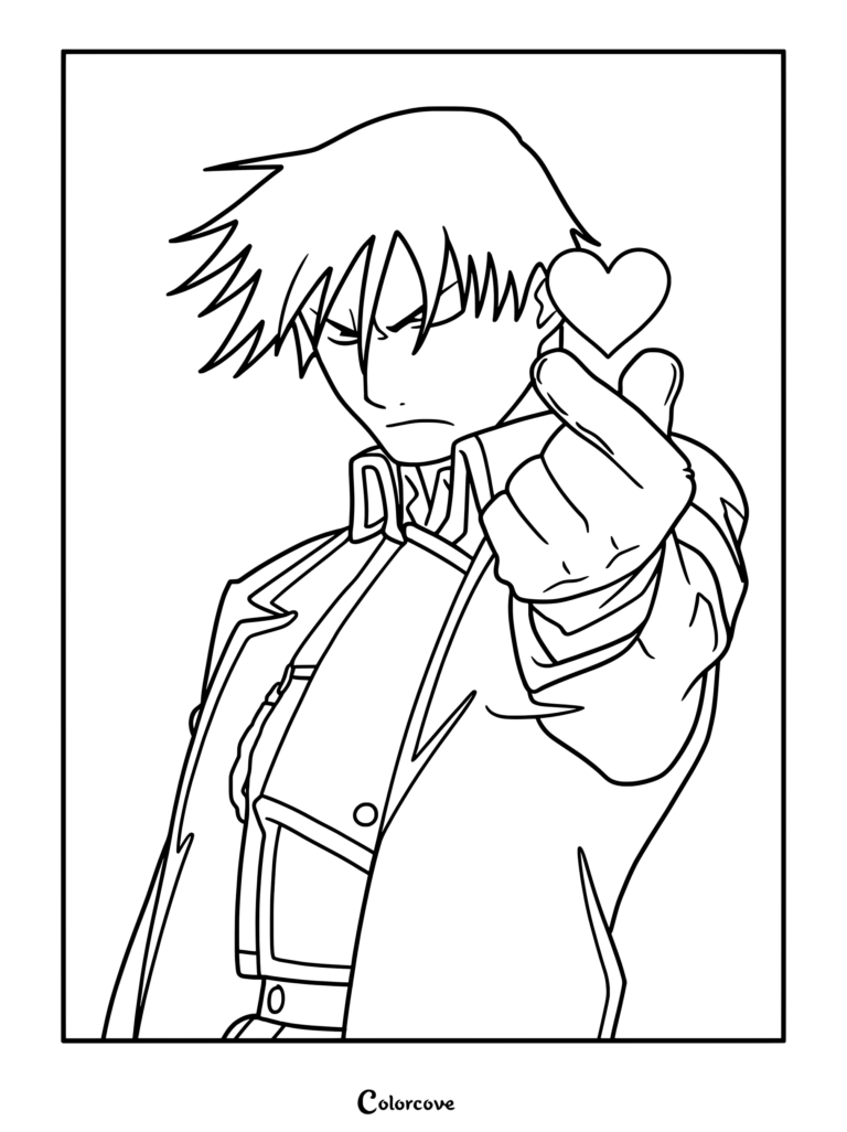 Coloriage au trait détaillé de Roy Mustang formant un cœur avec ses doigts.
