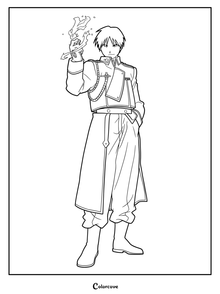 Coloriage à imprimer de Roy Mustang, l'Alchimiste de Flammes, faisant danser une étincelle au creux de sa main.
