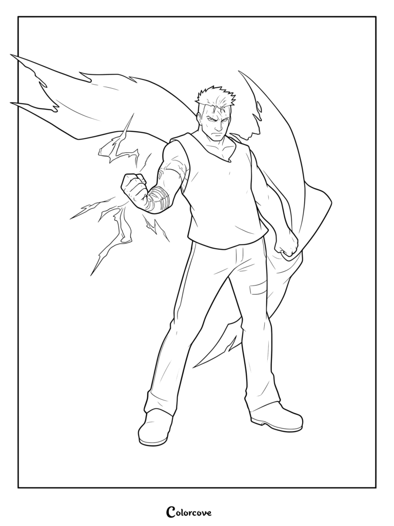 Coloriage de Scar de Fullmetal Alchemist debout avec une cape flottante et une énergie crépitante autour de son bras
