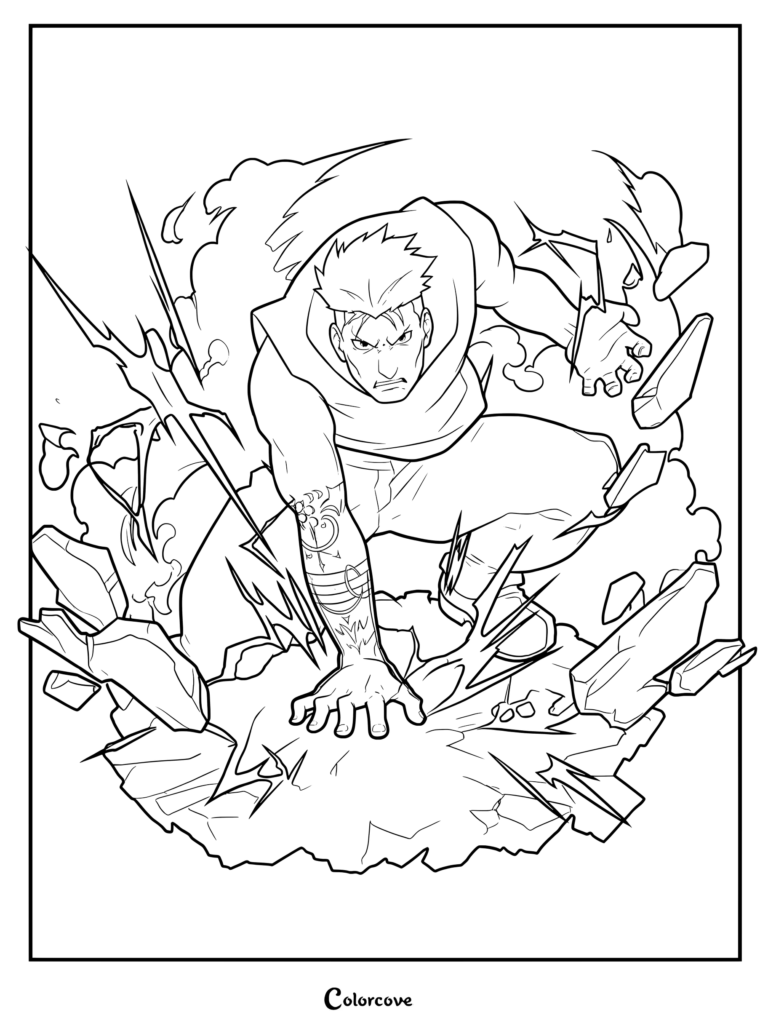 Coloriage de Scar de Fullmetal Alchemist déployant son alchimie destructrice dans une posture de combat dynamique.