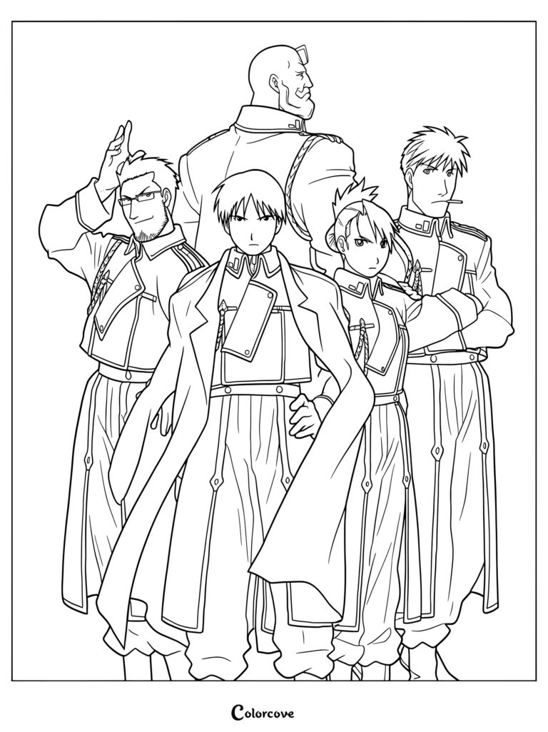 Coloriage de l'équipe Mustang montrant Roy Mustang et ses officiers fidèles réunis en uniforme.