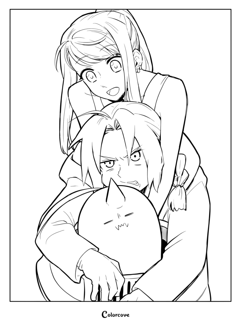 Coloriage au trait représentant Edward Elric, son frère Alphonse Elric dans son armure et leur amie d'enfance Winry Rockbell.