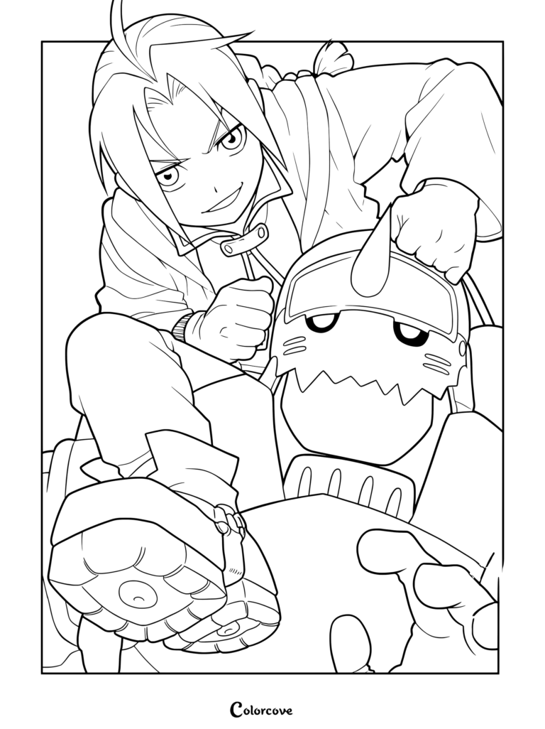 Coloriage d'Edward juché sur les épaules de son jeune frère Alphonse, dont l'âme est enfermée dans une imposante armure.