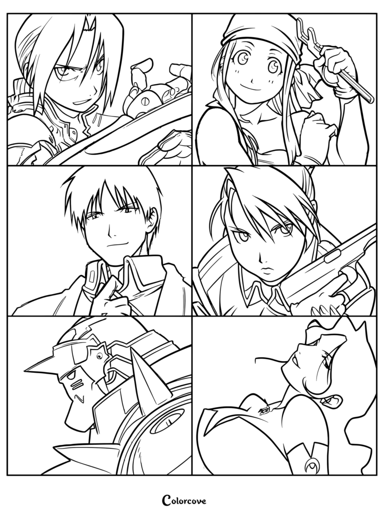 Coloriage composé de vignettes avec Edward Elric, Winry Rockbell, Roy Mustang, Riza Hawkeye, Alphonse Elric et Lust.