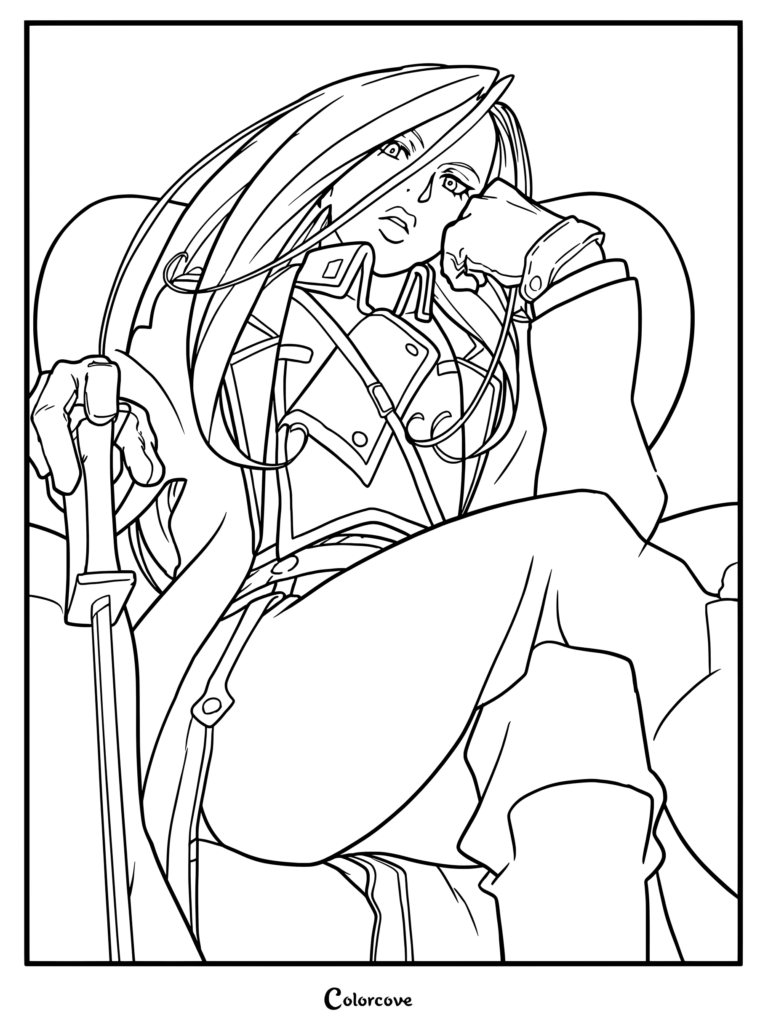 Coloriage à imprimer du Général de division Olivier Mira Armstrong de Fullmetal Alchemist: Brotherhood assise avec son épée.