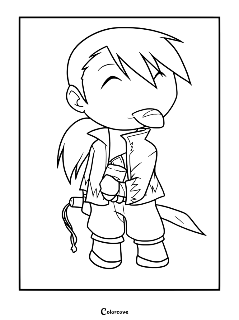 Coloriage chibi de Ling Yao de Fullmetal Alchemist: Brotherhood savourant joyeusement un baozi