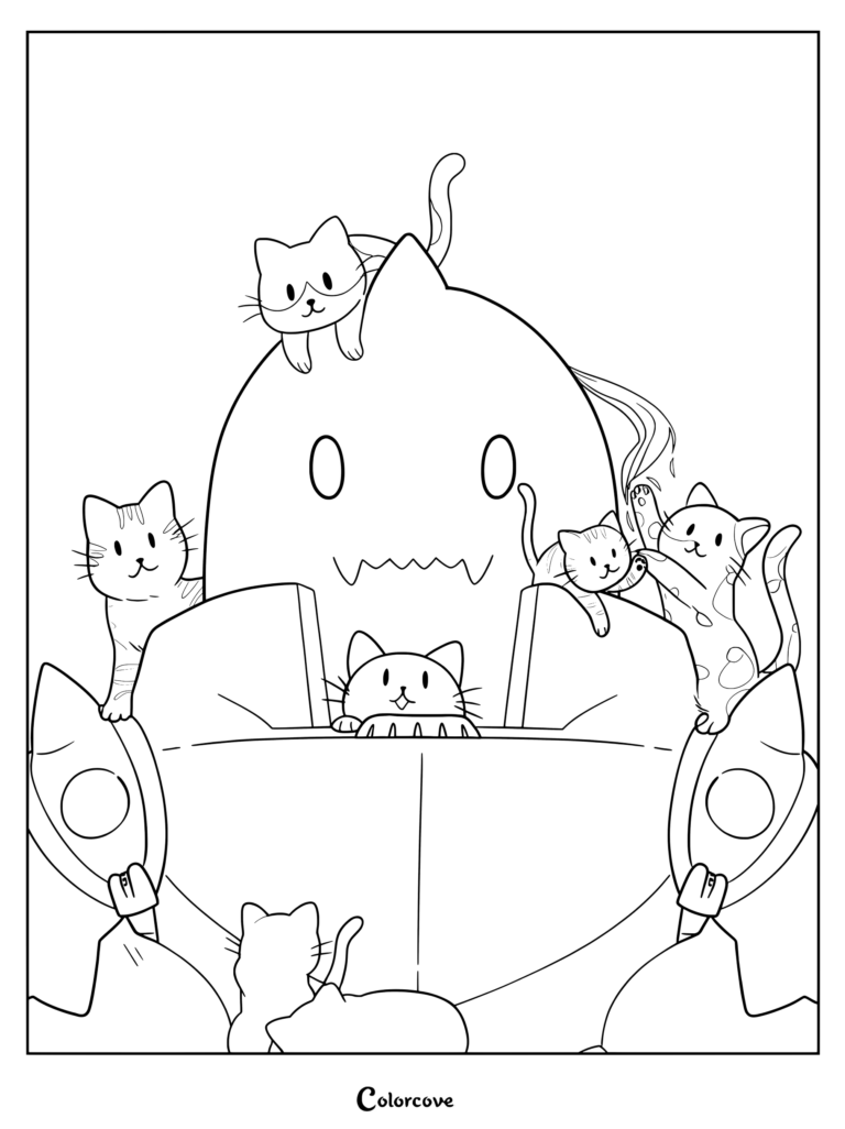 Coloriage au trait d'Alphonse Elric de Fullmetal Alchemist couvert d'adorables chats.