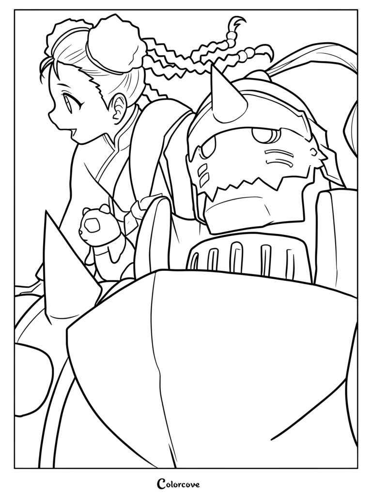 Coloriage d'Alphonse Elric et May Chang de Fullmetal Alchemist: Brotherhood, réunis dans un style épuré au trait.