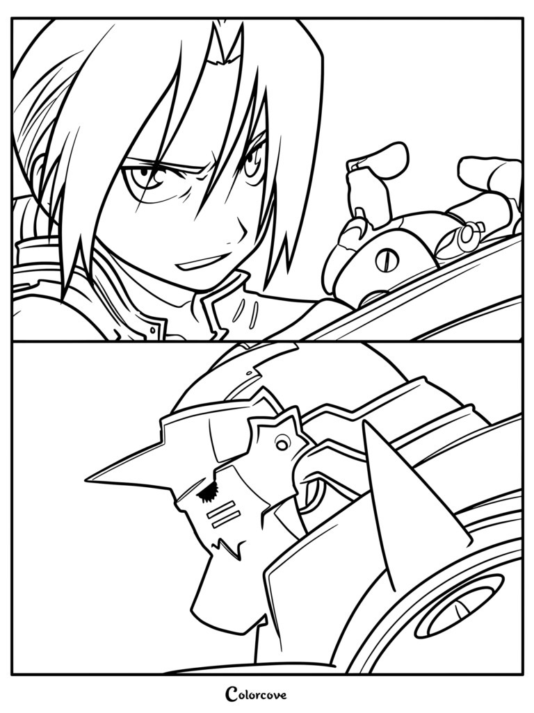 Coloriage à imprimer mettant en vedette les personnages principaux Edward et Alphonse Elric de la série anime et manga Fullmetal Alchemist.