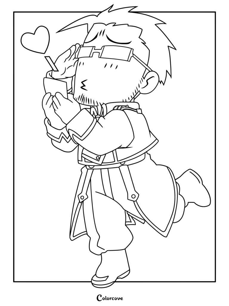 Coloriage style chibi de Maes Hughes de Fullmetal Alchemist le montrant tenant une photo ornée d'un cœur