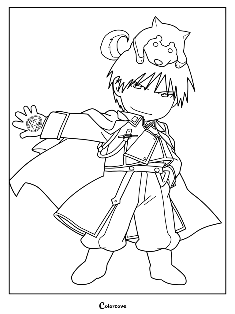 Coloriage de chibi Roy Mustang avec un adorable chiot, montrant le personnage en uniforme avec un petit chien sur la tête