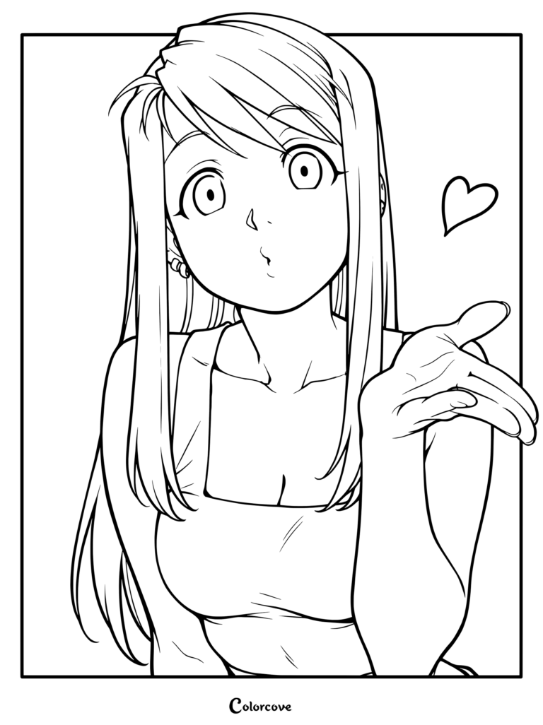 Coloriage à imprimer de Winry de Fullmetal Alchemist envoyant un baiser avec un cœur flottant à ses côtés.