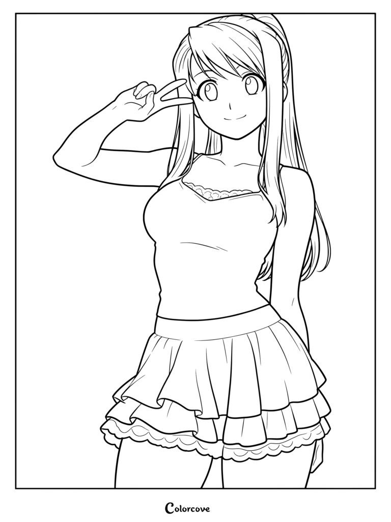 Coloriage de Winry Rockbell faisant un signe de la paix de la main.