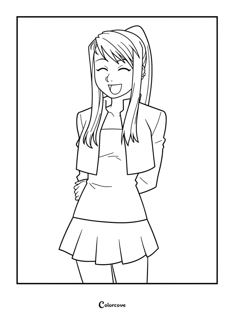 Coloriage de Winry Rockbell rayonnante dans sa tenue emblématique.