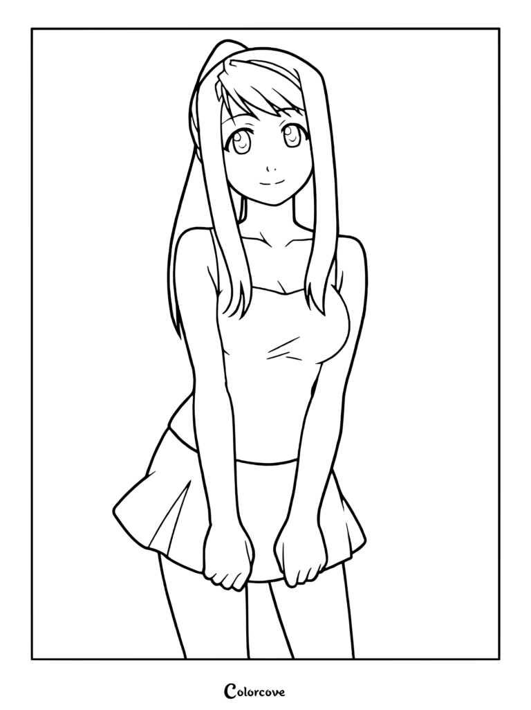 Coloriage de Winry de Fullmetal Alchemist souriante et vêtue d'une tenue décontractée.