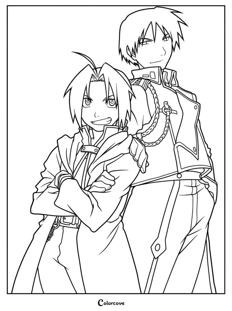 Coloriage gratuit de Fullmetal Alchemist montrant Edward Elric dans son manteau rouge et Roy Mustang dans son uniforme militaire, dos à dos.