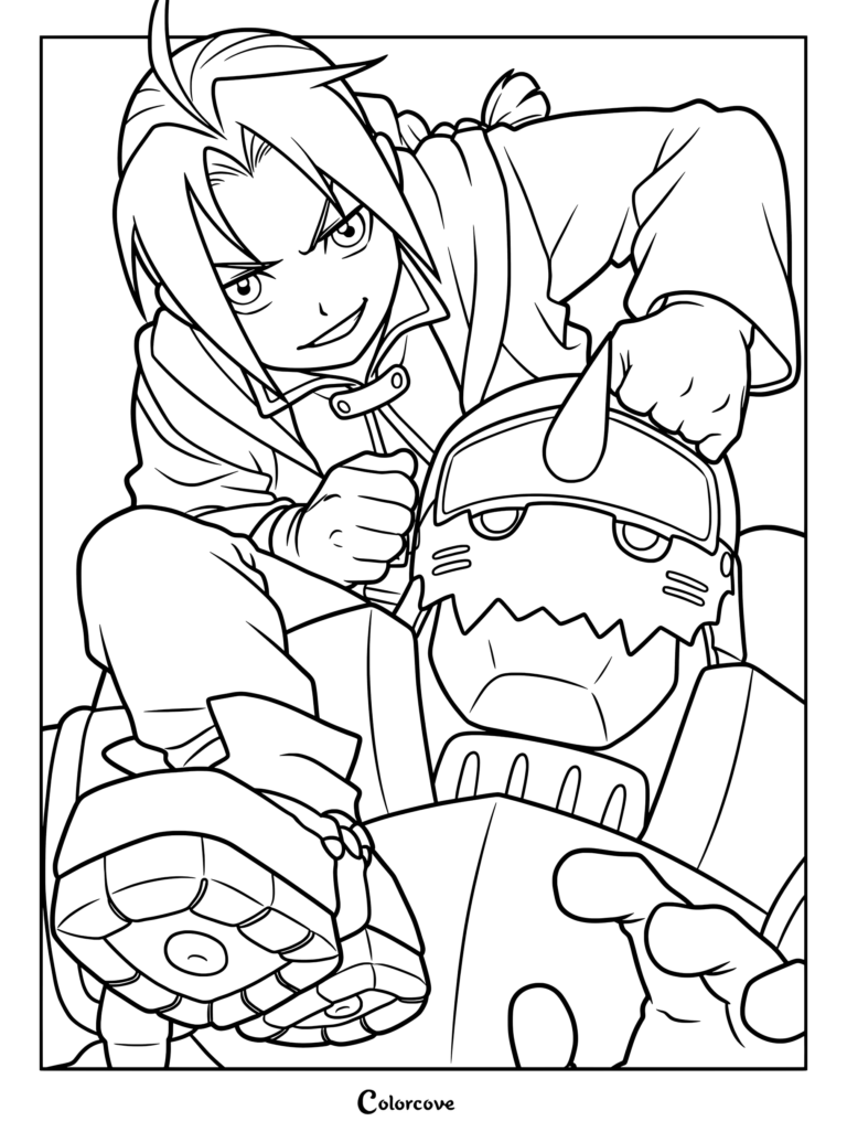 Coloriage d'Edward Elric assis sur les épaules de son jeune frère Alphonse Elric, issus de la série anime et manga Fullmetal Alchemist.