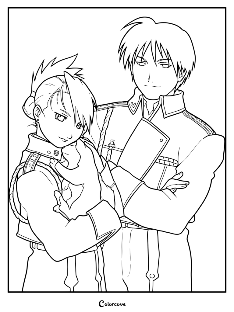 Coloriage de Fullmetal Alchemist montrant le Lieutenant Riza Hawkeye tenant un chaton sous le regard du colonel Roy Mustang.
