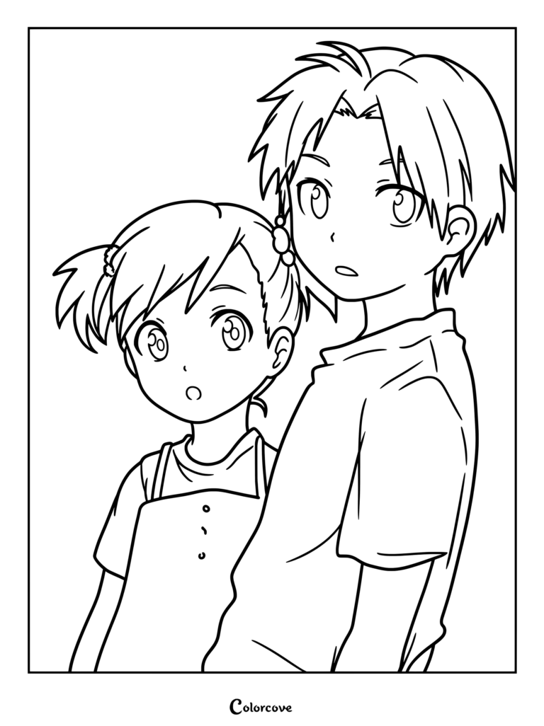 Coloriage à imprimer de Fullmetal Alchemist dévoilant Edward Elric et Winry Rockbell enfants avec des airs surpris.
