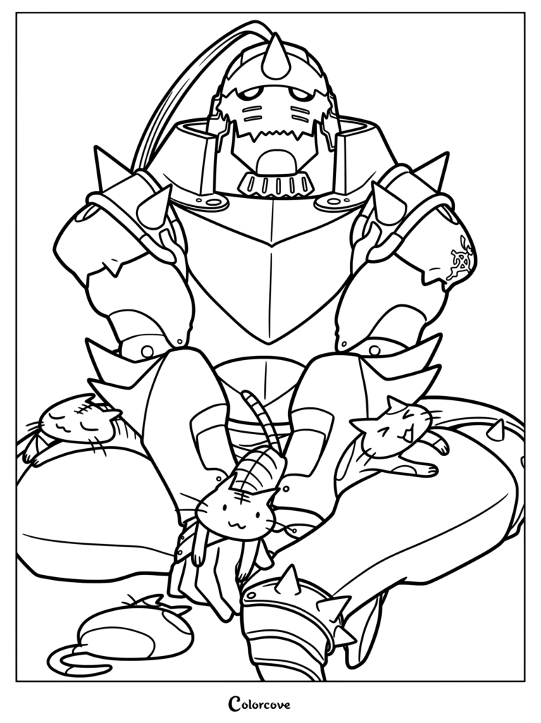 Coloriage d'Alphonse Elric de Fullmetal Alchemist assis paisiblement et entouré de plusieurs chats errants.