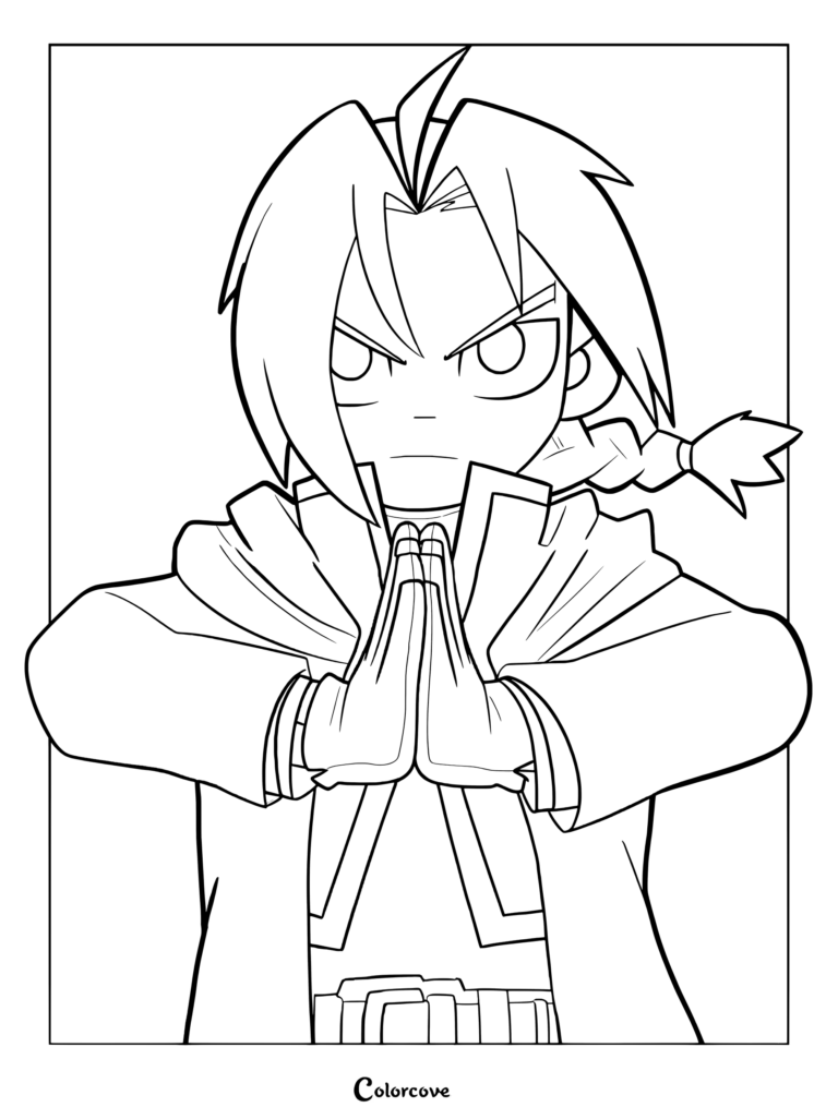 Coloriage à imprimer de chibi Edward frappant dans ses mains pour pratiquer l'alchimie