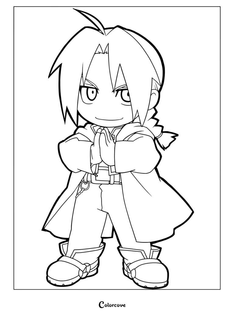 Coloriage à imprimer de chibi Edward de Fullmetal Alchemist debout, les mains jointes.
