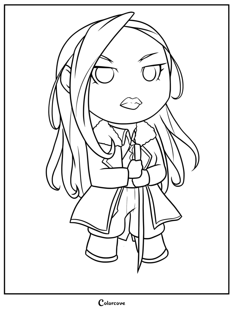 Coloriage de chibi Olivier Mira Armstrong représentant la générale au regard sévère tenant une épée