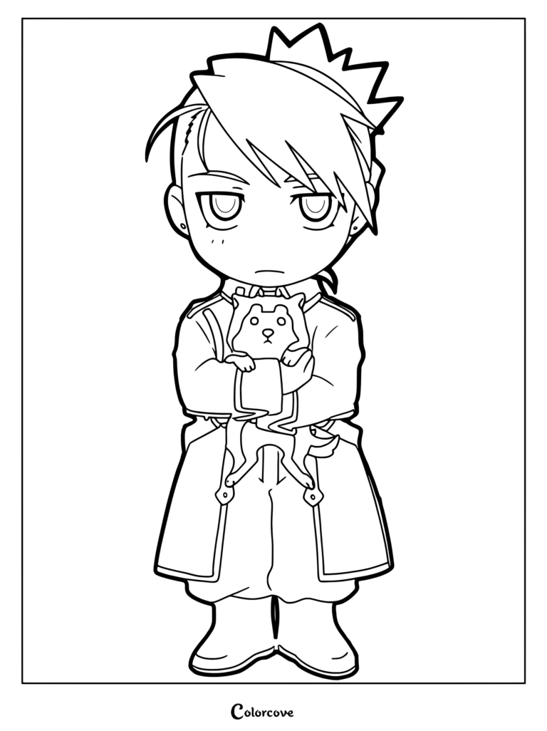 Coloriage à imprimer de chibi Riza Hawkeye de Fullmetal Alchemist tenant son chien Black Hayate