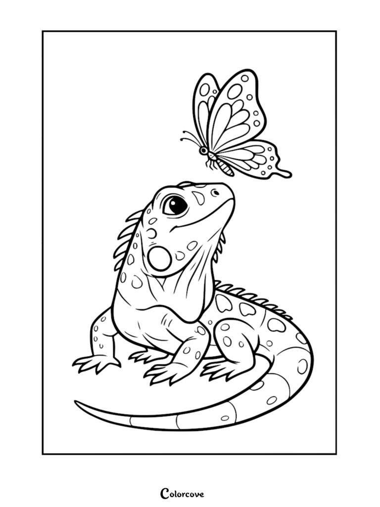 A cute cartoon iguana with spotted skin and large eyes looking up at a detailed butterfly in this printable coloring page.