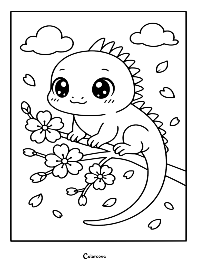 A cute cartoon Fun Iguana sitting on a blooming cherry blossom branch, perfect for a printable coloring page.