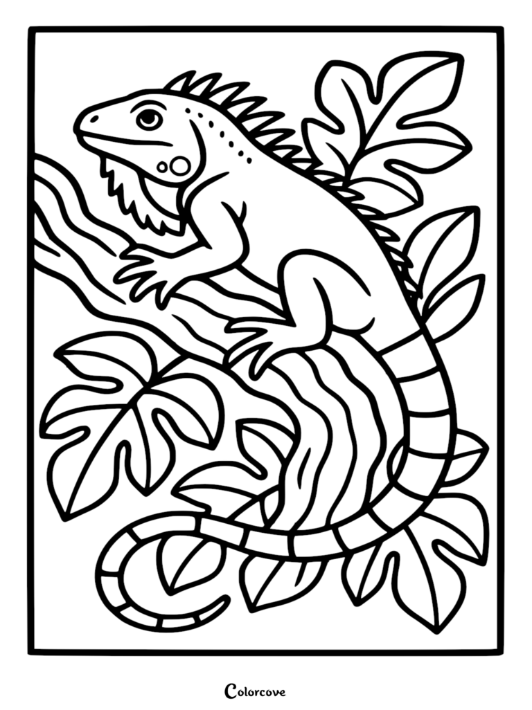 An iguana with a striped tail resting on a thick tree branch surrounded by large jungle leaves in this line art coloring page.