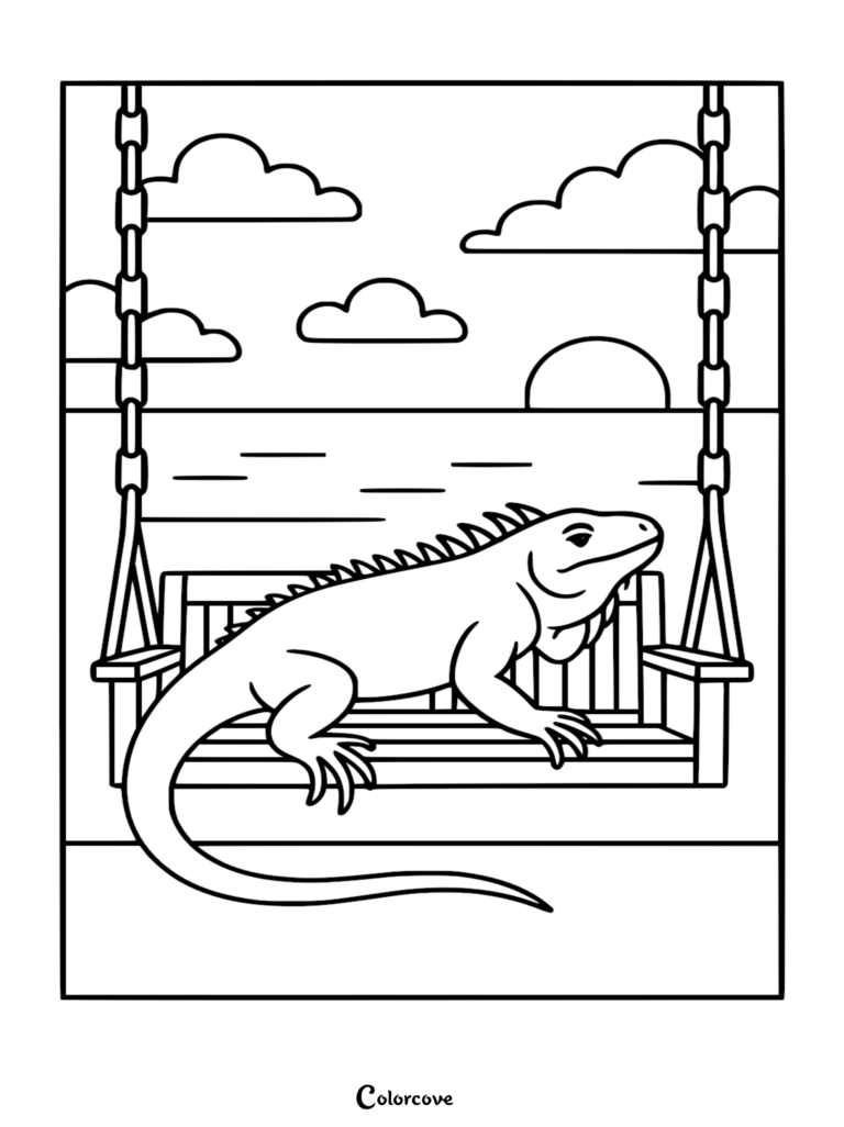 A friendly iguana with spiky crest sitting on a wooden bench swing, coloring page with sunset and clouds in the background.
