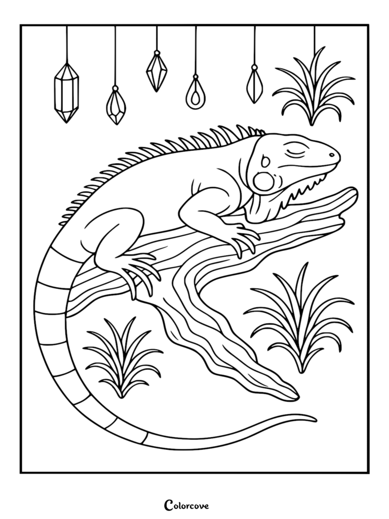 A relaxing fun iguana resting on a gnarled tree branch surrounded by hanging geometric crystals and tropical grass in this printable coloring page.