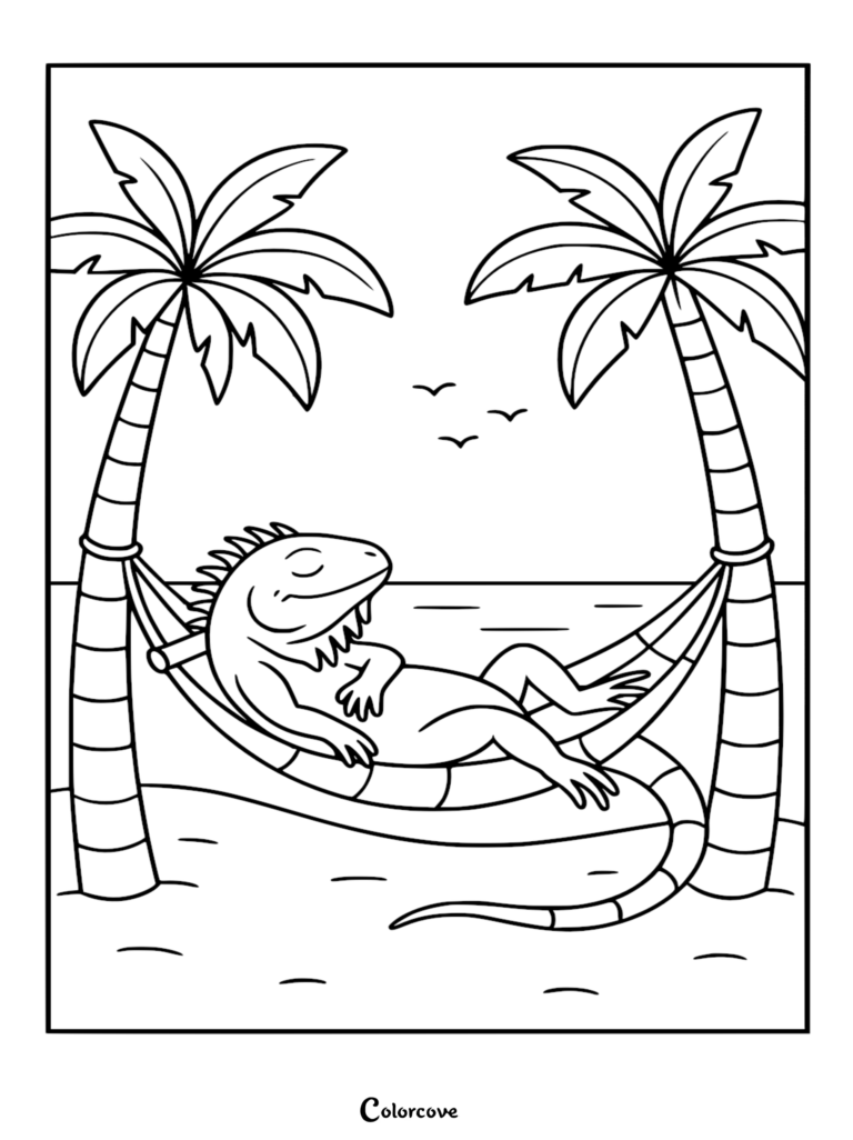 A fun iguana sleeping peacefully in a hammock strung between two palm trees at the beach, line art coloring page.