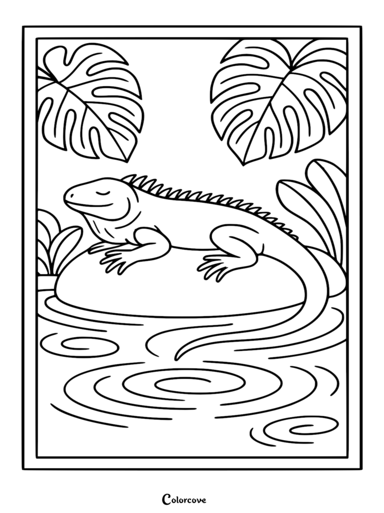 A friendly Fun Iguana resting on a smooth river rock, surrounded by large monstera leaves in this black and white printable coloring page.