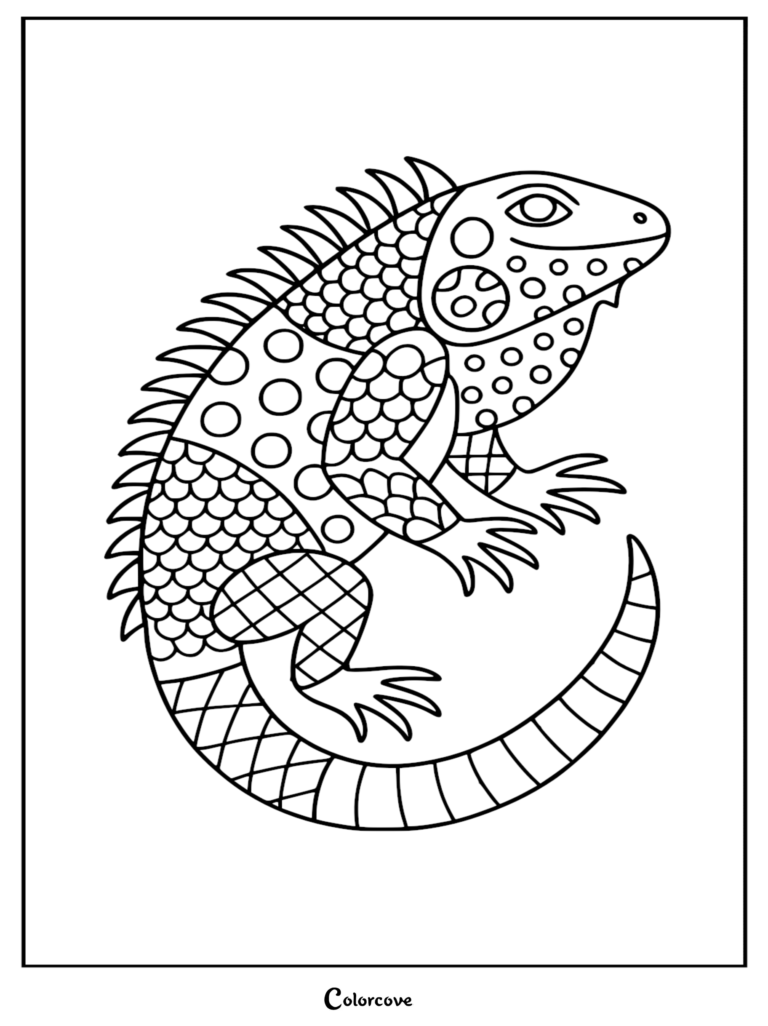 An intricate line art coloring page of a Fun Iguana featuring geometric scales, circular spots, and checkered patterns on its body.