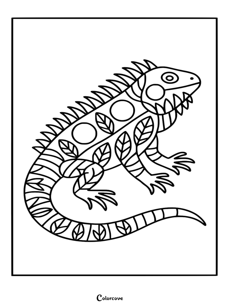 An artistic coloring page featuring a fun iguana with bold outlines, decorated with circular and leaf patterns across its body.