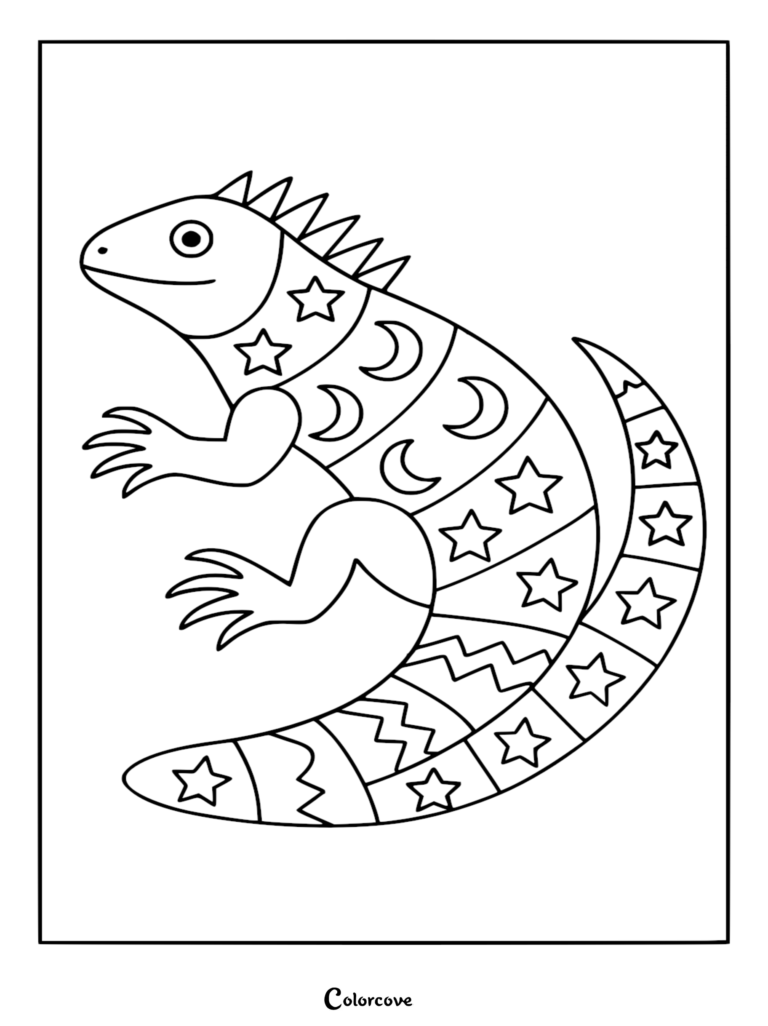 A printable Fun Iguana coloring page featuring a lizard decorated with star, crescent moon, and zigzag stripe patterns.