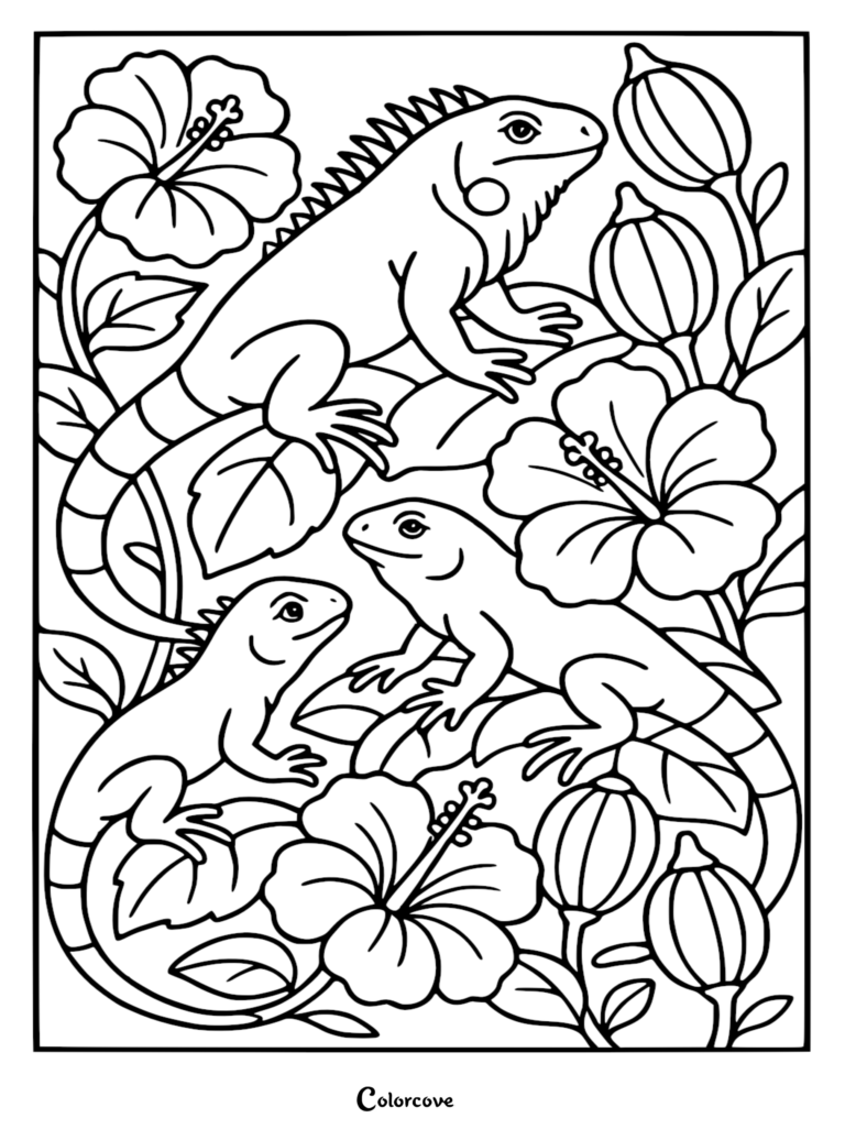 Three Fun Iguanas perched among large hibiscus flowers and tropical leaves in a detailed black and white printable coloring page.
