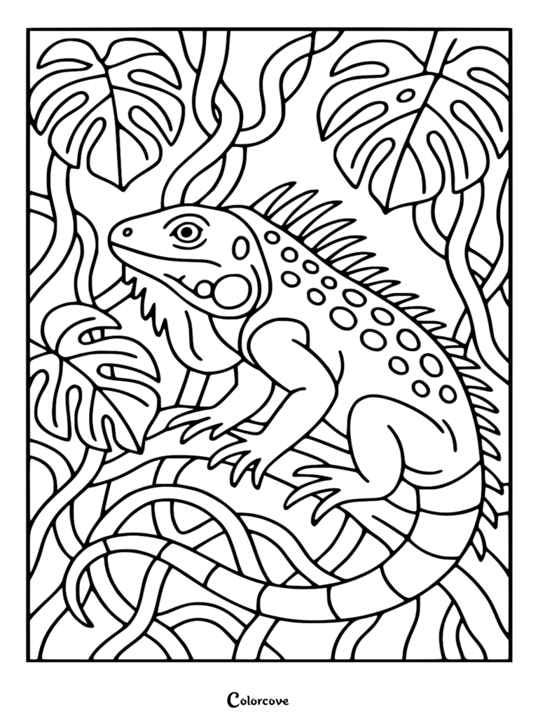 An intricate Fun Iguana coloring page featuring a detailed reptile with spiky dorsal scales perched on a branch amidst large tropical monstera leaves and tangled jungle vines.