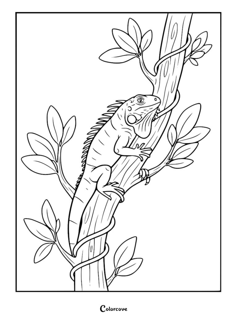 Detailed Fun Iguana coloring page featuring a textured lizard clinging to a vine-wrapped tree branch with leafy foliage.