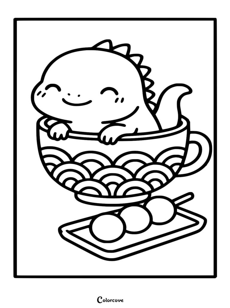 A cute Fun Iguana sitting inside a patterned teacup next to a skewer of three dango dumplings on a tray, line art coloring page.